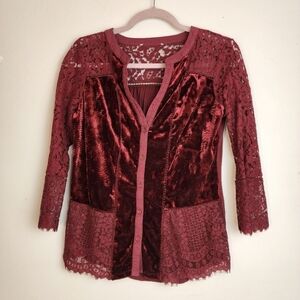 Burgundy Velvet Lace Button Down Quarter Sleeve Women's Shirt  Size S
